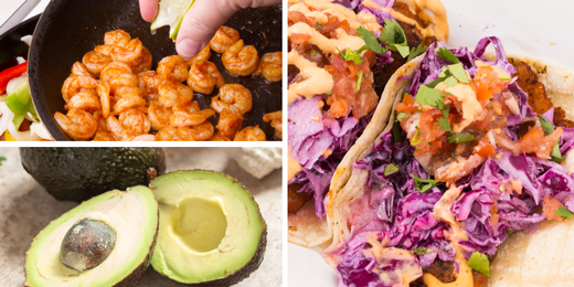 Shrimp Tacos with Cabbage Slaw and Avocado Crema